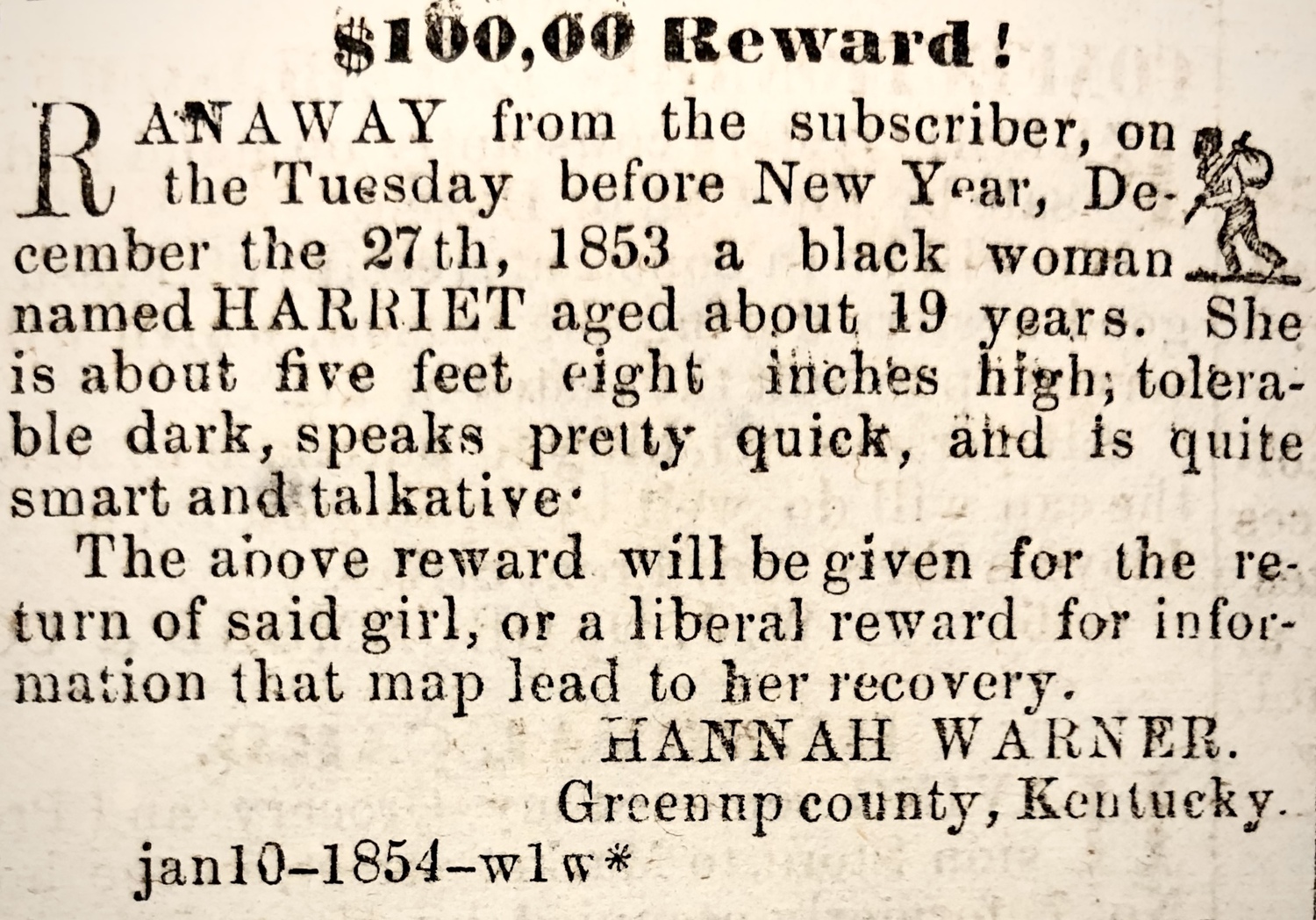 Runaway Slave Advertisement for Harriet in the Portsmouth Daily Evening Tribune (1854)